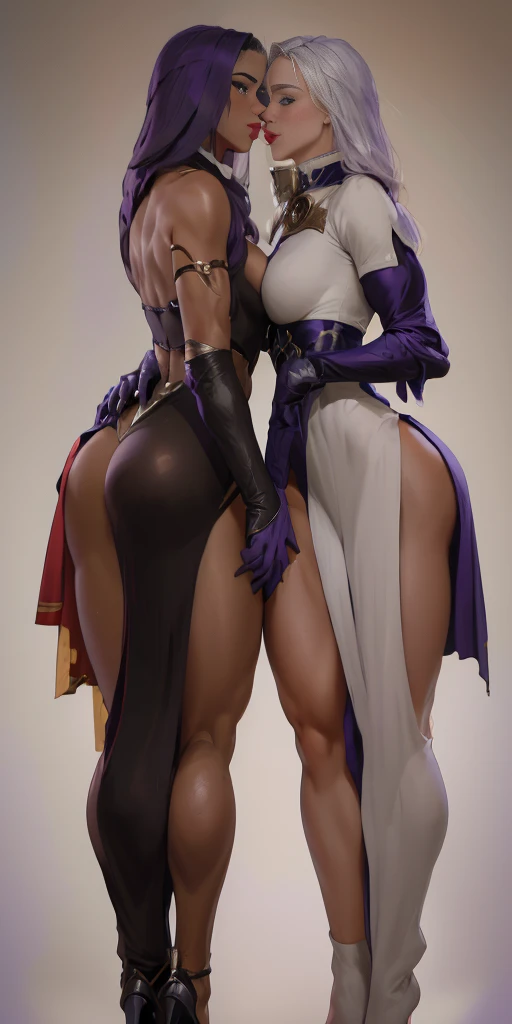 (Female hands on hips)(chest covered)(smile) purple skin, pale golden hair and violet eyes. She prefer clothing of white and silver with cloaks of deep blue or purple ((very precise detailed)) ((high res) plain background, red gloves gauntlets full body standing straight symmetrical looking to viewer, she kiss her twin sister bbc kiss 💋 😘