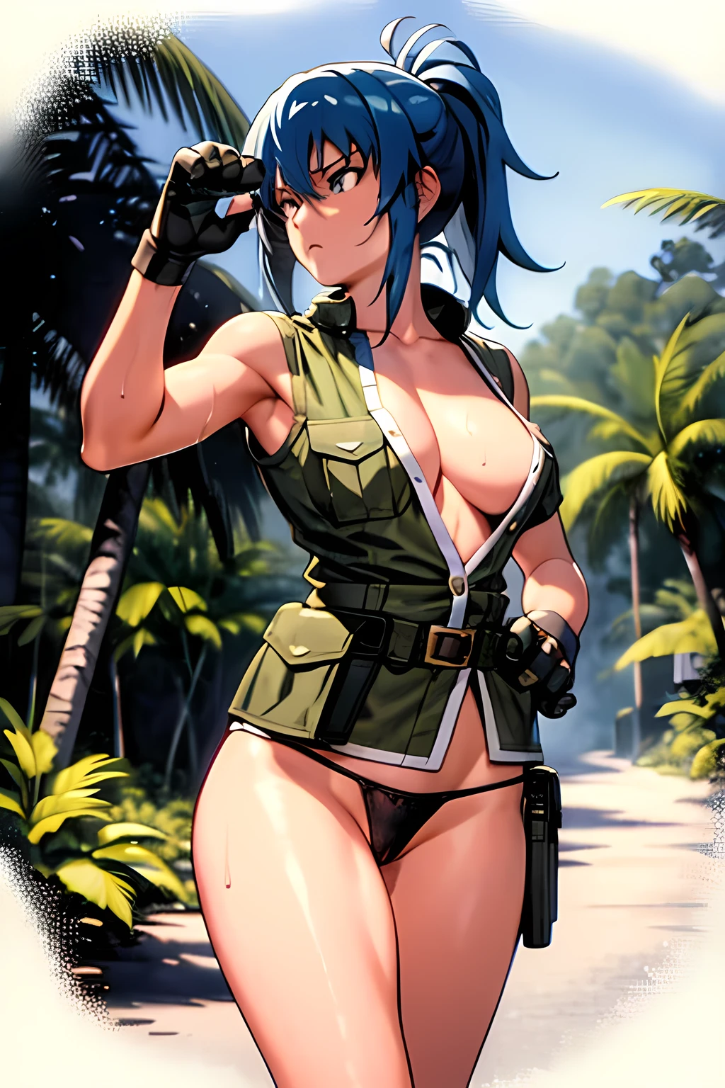 masterpiece, best quality, anime 1990s \(style\, leona heidern, sexy, naked, thong ,open vest., jungle, tactical, pony tail, serious, cammo, army, soldier, blue hair, warfare, war, wet, gloves, sexy pose, jungle girl, perfect hands, five fingers, long hair, tropical, belt.