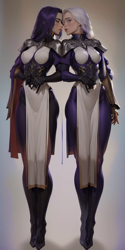 (Female hands on hips)(chest covered)(smile) purple skin, pale golden hair and violet eyes. They prefer clothing of white and silver with cloaks of deep blue or purple ((very precise detailed)) ((high res) plain background, red gloves gauntlets full body standing straight symmetrical looking to viewer, kiss bbc