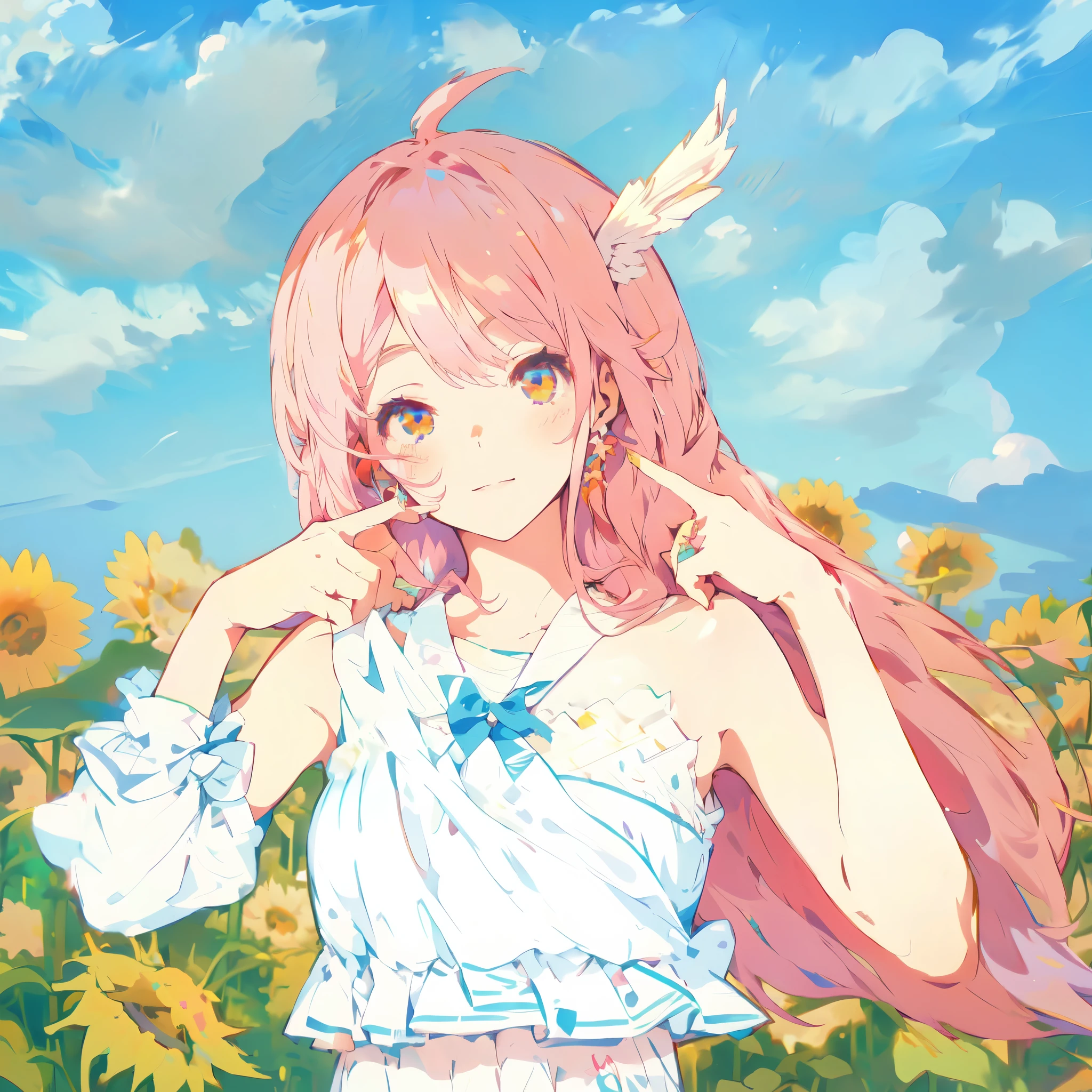 Anime Girl with pink hair and white dress in a field of sunflowers, beautiful sunflower Anime Girl, Soft anime illustration, In the anime painter studio, Produced in collaboration with Anime Painter Studio, Digital Art on pixiv, Pixiv competition winner, pixiv, Zero Art, Summer Goddess, beautiful Anime Girl, (Anime Girl), Anime art style, Pixiv Style