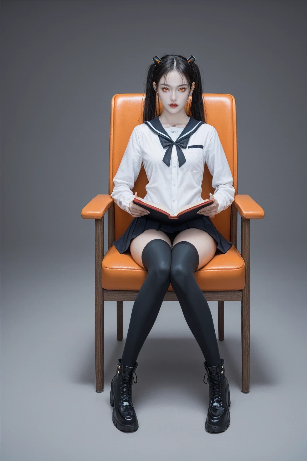 score_9, score_8_up, score_7_up, BREAK,
1 girl, photography of a cute girl, 18 years old, 4 arms, robot arms, red lips, white skin, cyberpunk, sci-fi, futuristic, glowing orange eyes, black hair, twintails, small breasts, narrow hips, fully clothed, school uniform, boots, shiny skin, full body, sitting in a chair, studying, reading several books at the same time, at school, reelmech, mechanical parts, machinery, joints.