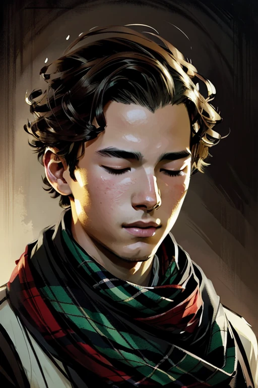 portrait of feminine teenage boy, closed eyes, curly hair, wearing tartan scarf, soft lighting, by greg rutkowski, yoji shinkawa, ilya kuvshinov, highly detailed, artstation, concept art, DIG2_JBX