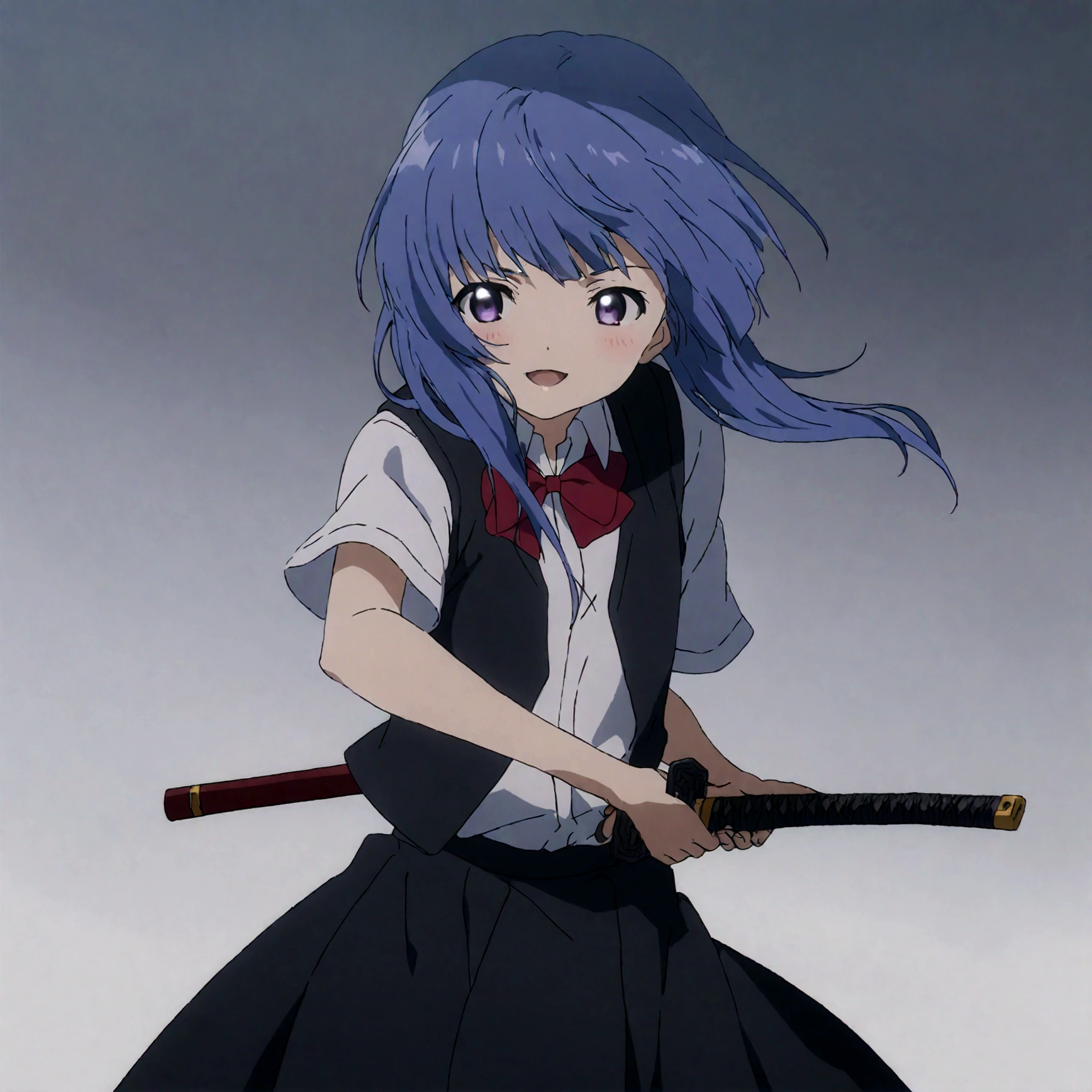 score_9,score_8, score_8_up, BREAK ,1girl, solo, furude rika, (tween), kawaii, blue hair, purple eyes, long hair, blunt bangs, bangs,, bow, skirt, shirt, suspenders, smile, short sleeves, pleated skirt, white shirt, open mouth, :d, red bow, ,^_^, suspender skirt, , black skirt, collared shirt, blush, bowtie, blunt bangs, dress shirt,masterpiece, best quality, source_anime,ceiling, ceiling light, great lighting, detailed shadows, detailed body, anime artwork,anime style, key visual, vibrant, studio anime, highly detailed, anime coloring,,upperbody, in distance, wide shot, from side,straight-on,iaidow,weapon, katana, holding sword, ready to draw, sheathed, unsheathing, scabbard,, ,simple background, white background.Subsurface scattering,(darkness aura)