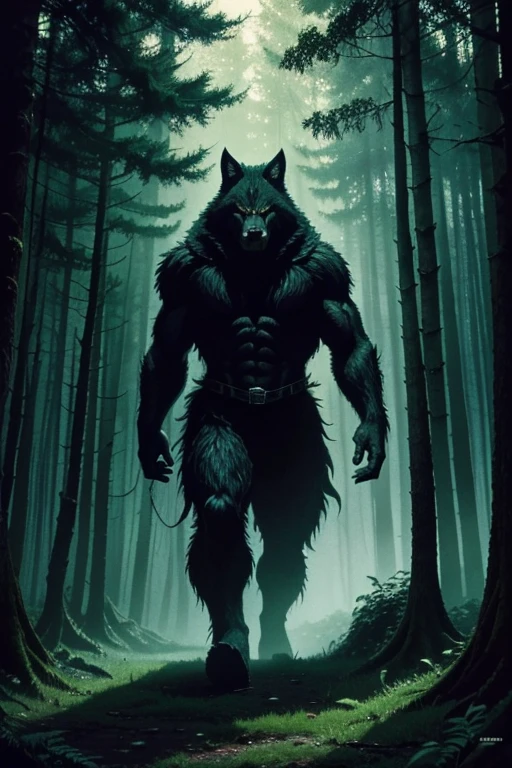 A  big bad wolf is coming out from the forest, relentless,dark green energy aura,wild, supernatural,highly detailed, 4k resolution, masterpiece,forest scenario,digital art, Druillet art, 1980s 


