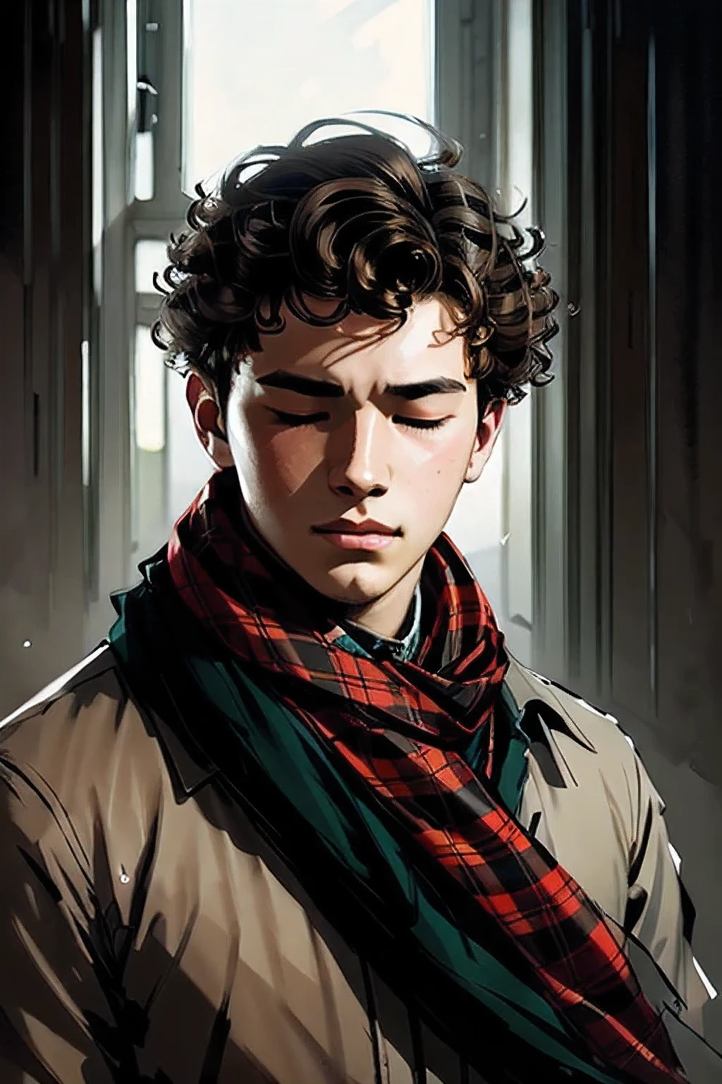 portrait of feminine teenage boy, closed eyes, curly hair, wearing tartan scarf, soft lighting, by greg rutkowski, yoji shinkawa, ilya kuvshinov, highly detailed, artstation, concept art, DIG2_JBX