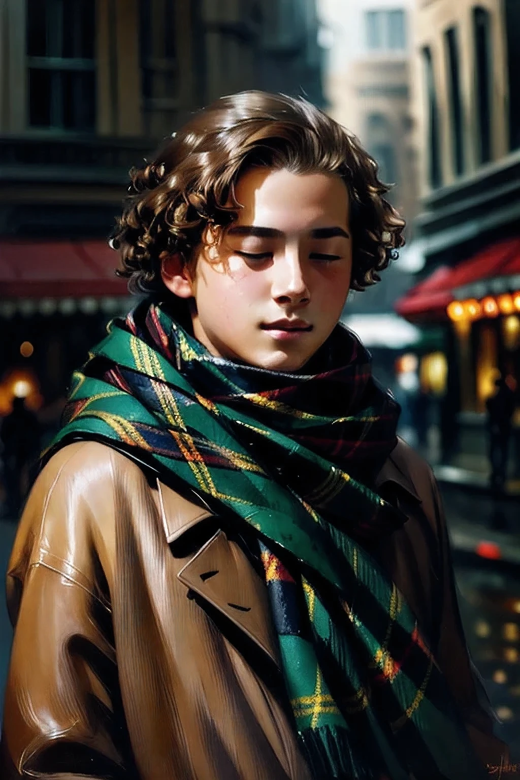 portrait of feminine teenage boy, closed eyes, curly hair, wearing tartan scarf, soft lighting, by greg rutkowski, yoji shinkawa, ilya kuvshinov, highly detailed, artstation, concept art, DIG2_JBX