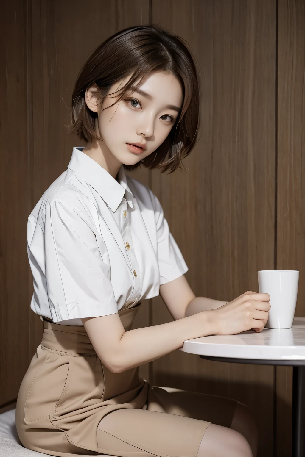 carat magazine cover depicts a woman sitting at a stylish table., with short hair, Korean female fashion model, Stunning beautiful young Korean woman,