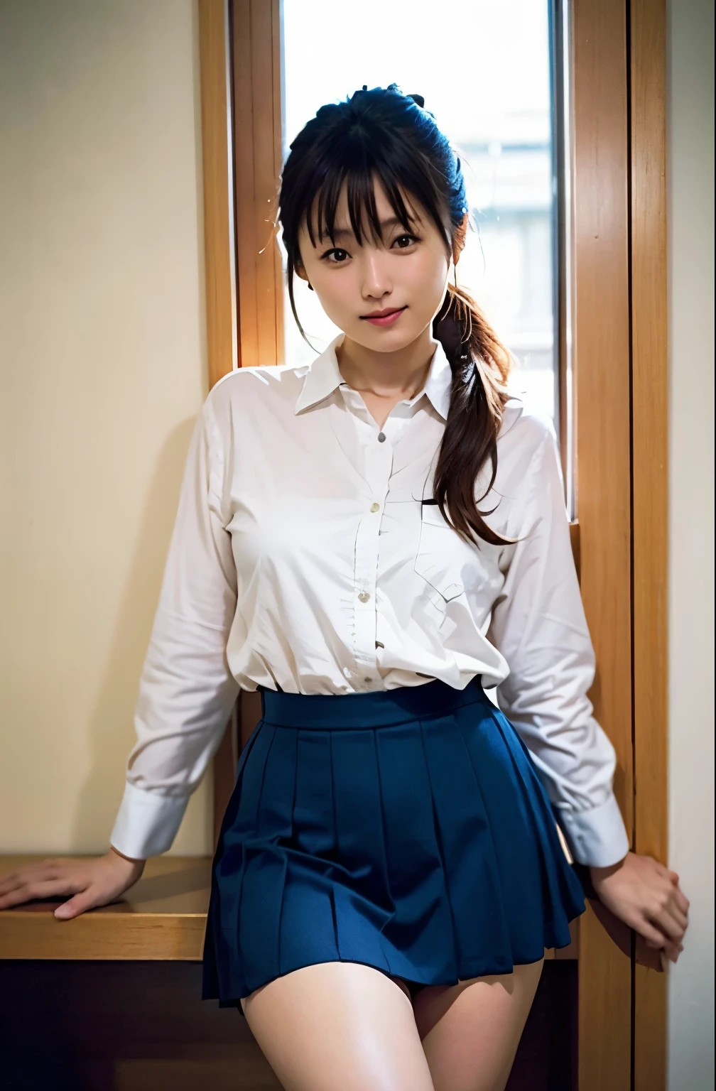 (Highest quality,masterpiece:1.3,Ultra-high resolution),(Very detailed、Caustics) (Realistic:1.4, RAW shooting、)Ultra-Realistic Capture、Very detailed、Natural skin texture、masterpiece、(A Japanese  wearing a white shirt with a navy blue ribbon and a pleated skirt:1.3), Adorable expression、Expressions of happiness、10 years old、height: 1ce、Amazingly cute、Twin tailair、Scrunchie、Black Hair、light makeup、(H-cup busty)、Shining thighs、Bare arms、Background details、smile、An inviting gaze、Anatomically correct、Cowboy Shot、Attention to detail、Straddling the sheets in a private room at a sex shop、Open your legs wide from side to side、White panties are visible、(Tight shirt)、Erect nipples