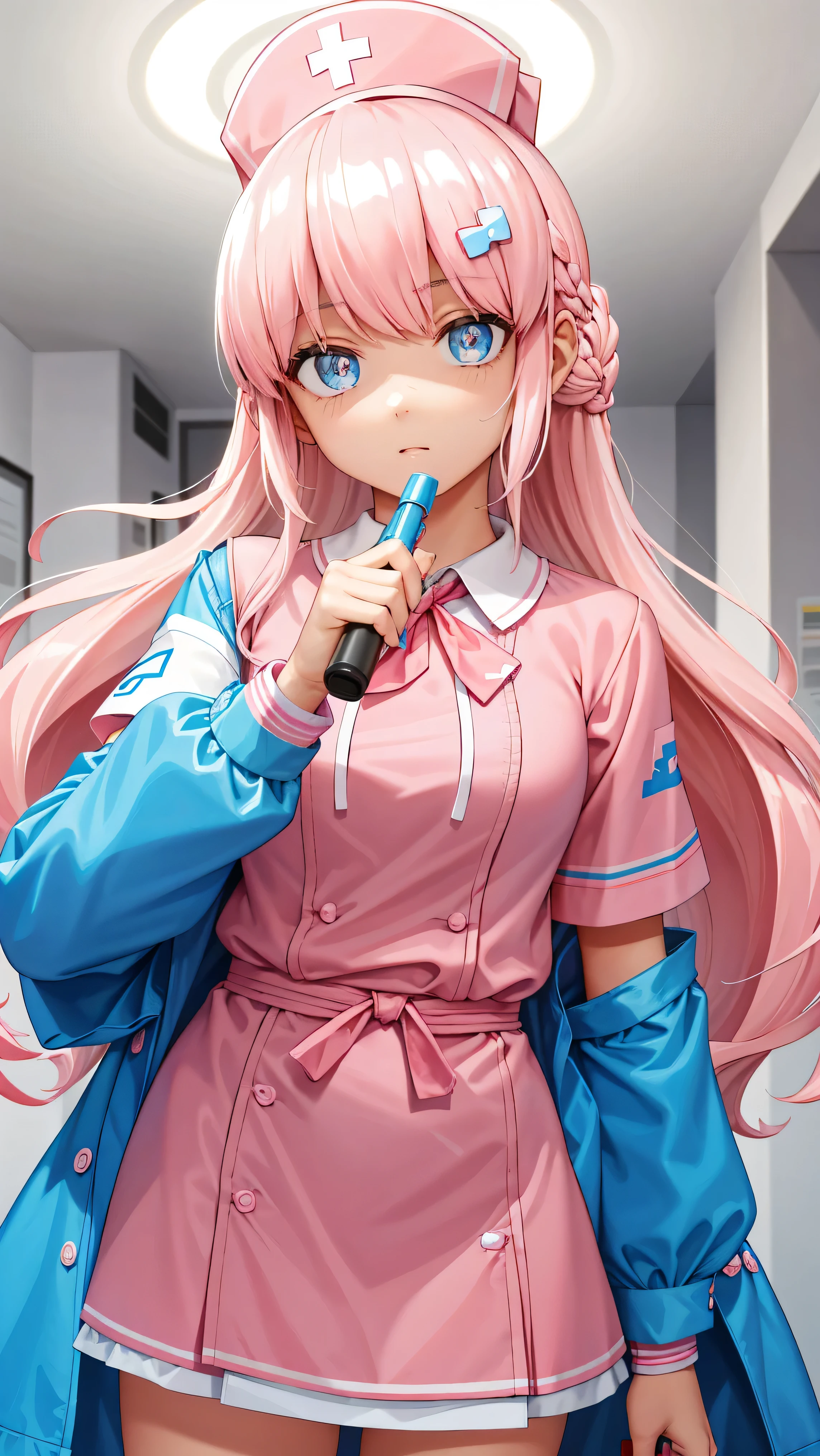 1 Girl, ((Bianca Abercrombie)), PINK long hair, blue patches on hands, holding a syringe in his hand, pink nurse suit, horror clinic