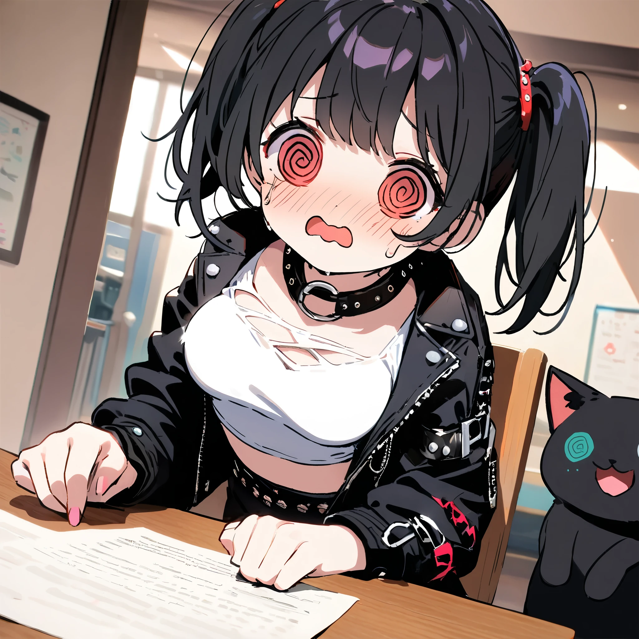 2d,female\(cute,kawaii,age of 12,crying,confused\((very small galaxy circling around head:0.5)\),floating hair,(black hair:1),(long twin tails hair),pale skin,skin color blue,red eyes,eyes shining,(big eyes),(ripped clothes:1.5),tight tube top,(breast:1.4),tight hot pants,(stomach shown:0.6),(punk fashion:1.4),(ripped black short jacket:1.4),fluffy black cat-ear,better hands,Perfect Hands,full body,(bright white @_@:1.8)\) is detention and taking a exam in the front of the mad teacher, BREAK ,at the college room,[chibi:1.4],[nsfw:2.0],quality\(8k,wallpaper of extremely detailed CG unit, ​masterpiece,hight resolution,top-quality,top-quality real texture skin,hyper realisitic,increase the resolution,RAW photos,best qualtiy,highly detailed,the wallpaper/),dynamic angle,[nsfw:0.8],