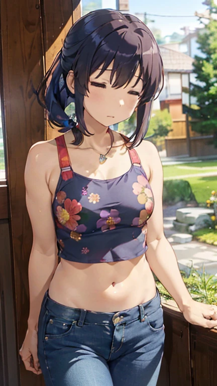 Miyauchi Kazuho,
One Woman,
Small flower-shaped(hair ornaments),Golden Necklace,
Natural skin texture,Tilt your head(25℃),若干大きいBig Breasts,Narrow waist,

Black halter bikini ((Upper Body:Floral)),Black Jeans Pants ((Lower Body)),

Outdoor,countryside,fields,Free posture,Sexy pose,

Big Breasts,valley,(Close your eyes),expression(Straight face),Muscular and healthy body,from the front,Beautiful clavicle,
Beautiful image quality,Delicate shades,4K,Very detailed,Delicate light adjustment,Delicate contour drawing,