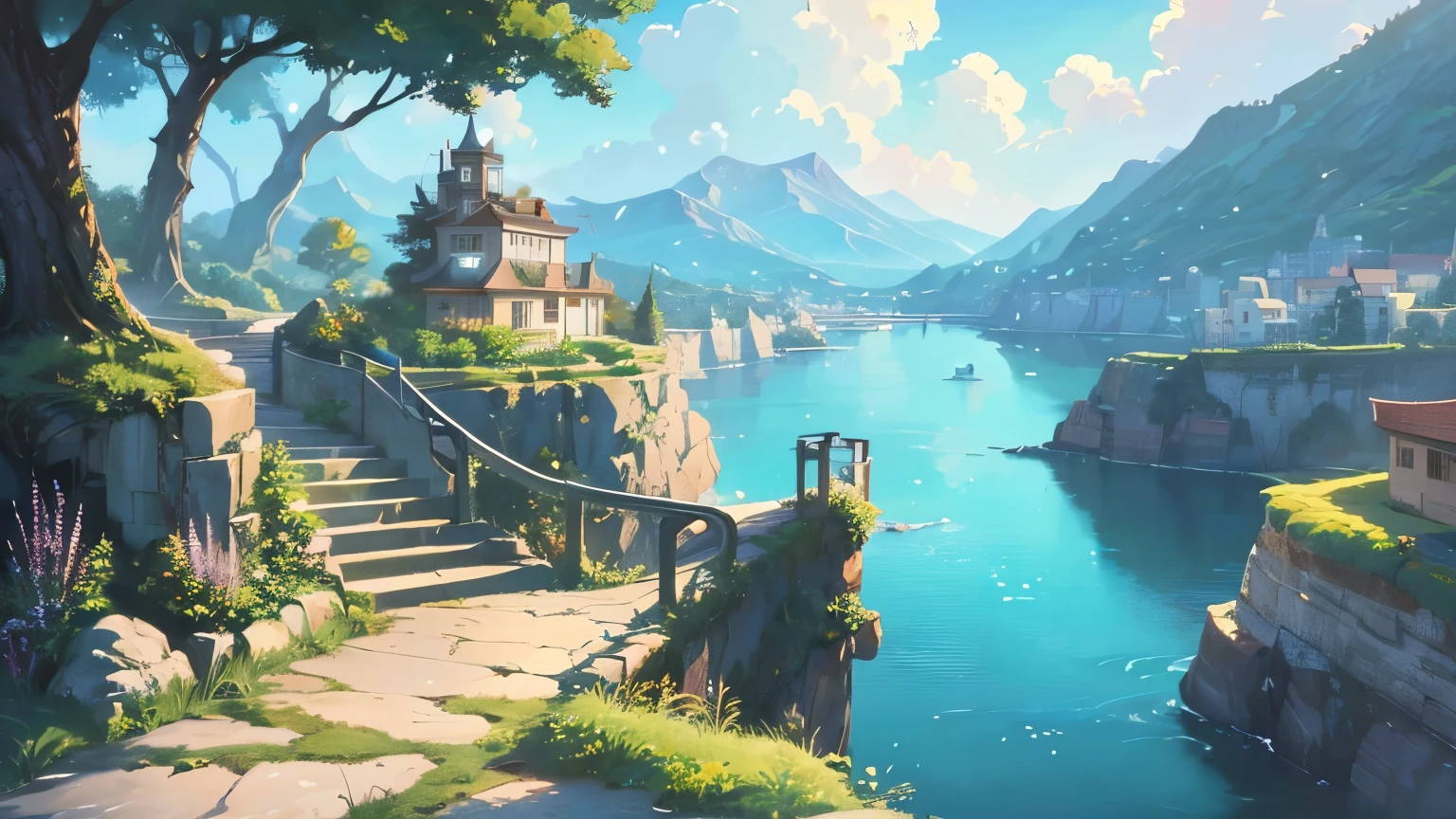 Highly detailed painting of a fantasy harbour with rocks and lush vegetation, ultra modern houses in the background, Anime background art, Anime landscape, Highly detailed illustration, anime style cityscape, Makoto Shinkai's style, anime backgrounds, Anime landscapes, in the style of makoto shinkai, drawn in anime painter studio, beautiful anime scenery, Anime landscape concept art, Digital painting