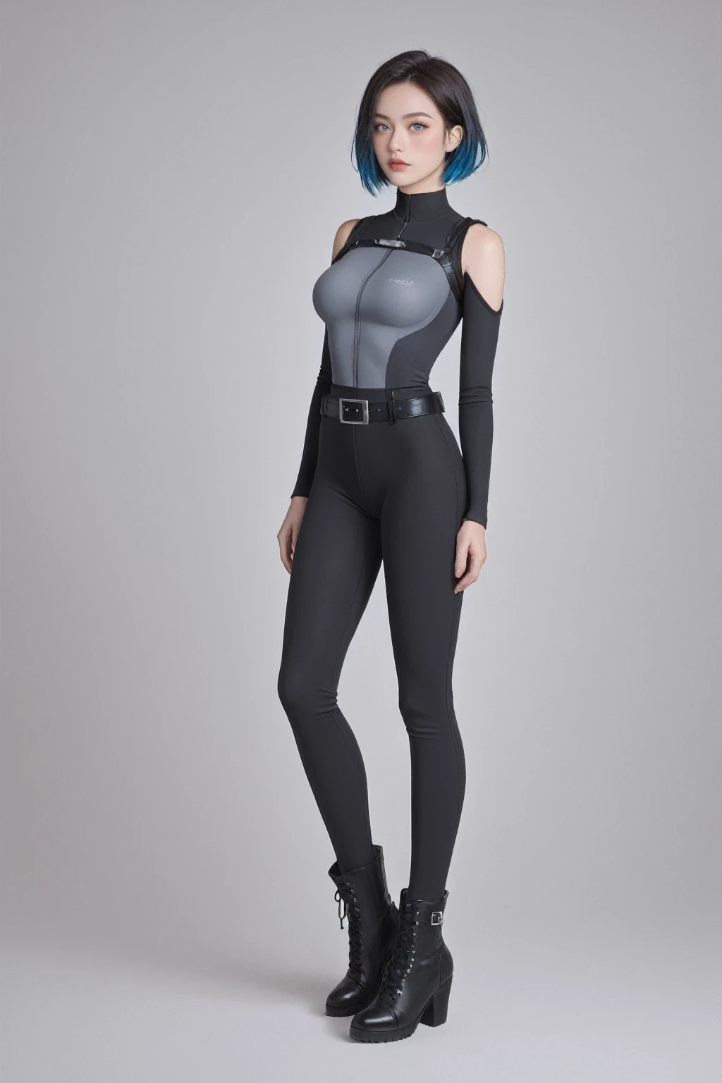 score_9, score_8_up, score_7_up, BREAK,
1girl, solo, simple background, ctl7t0rig, black gloves, black bodysuit, grey bodysuit, belt, black hair, blue hair, multicolored hair, short hair, two-tone hair, black knee boots, breasts, black pants, blue lips, blue eyes, shoulder cutout, (looking at viewer|looking to the side) medium breasts, blush, (standing|standing|sitting)