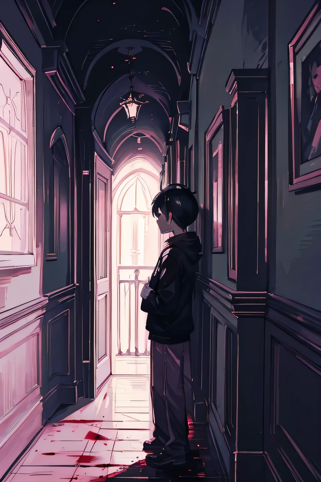 1 boy, scared look, dark eyes, looking at a staircase, dark environment, stairs covered in blood, pink light on the stairs 