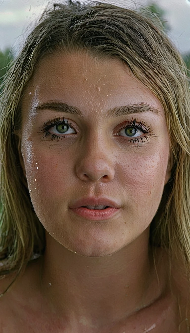 (Movie Shot: 1.3) from (Ultrarealistic: 1.3), (Romantic: 1.3) close-up, edge light: 1.3), (rain: 1.3), Highly detailed, (Muted colors: 1.3) United States, woman 18 year old American, small lips, green eyes, medium eyelashes, medium nose, medium ears, thick eyebrows, long blonde hair, ((gabbie carter)), looking away, natural skin, moles on skin. a very big breast. 1 woman、(American:1.2)、(black hair:1.1)、(super beautiful)、(beautiful face:1.5), smug, looking at viewer, destroyer virgin sweater, sideboob, underboob, white panties, white thighs, tanned skin with pale tanlines, bedroom