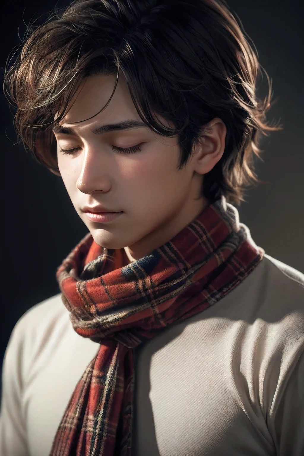 portrait of feminine teenage boy closed eyes curly hair wearing tartan scarf soft lighting by greg rutkowski yoji shinkawa ilya kuvshinov highly detailed artstation concept art 