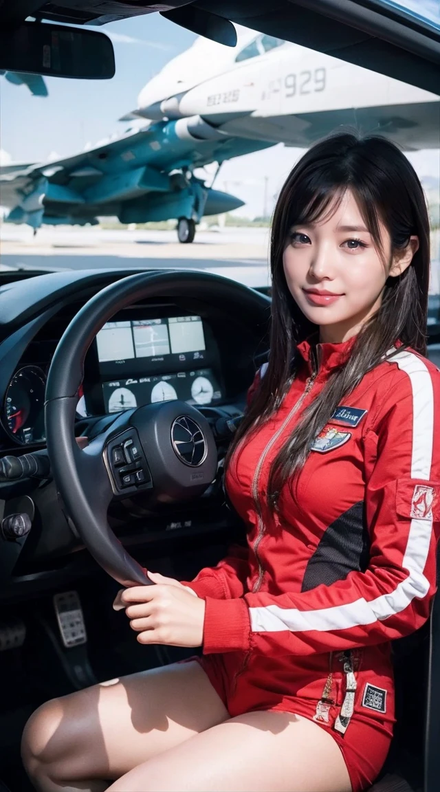 8k, highest quality, masterpiece, Realistic, Super detailed,  photograph, High resolution,  High resolution,, Cinematic Light, Official Art, High resolution, Depth of written border, Beautiful legs, thin, cute顔, smile, Beautiful details in the eyes, 19 years old Japanese, cute, Disheveled Hair,Crimson Jet Suit,Piloting a fighter jet、Flying in the sky、Fighter cockpit,There&#39;s flames coming out from behind