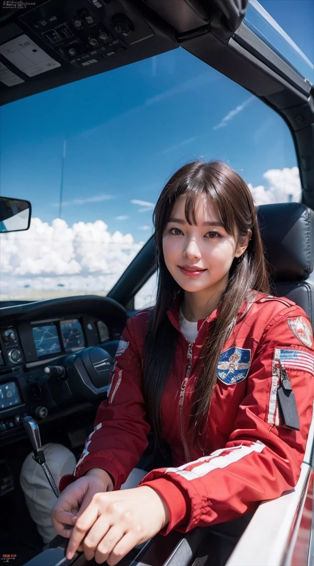 8k, highest quality, masterpiece, Realistic, Super detailed,  photograph, High resolution,  High resolution,, Cinematic Light, Official Art, High resolution, Depth of written border, Beautiful legs, thin, cute顔, smile, Beautiful details in the eyes, 19 years old Japanese, cute, Disheveled Hair,Crimson Jet Suit,Piloting a fighter jet、Flying in the sky、Fighter cockpit,There&#39;s flames coming out from behind