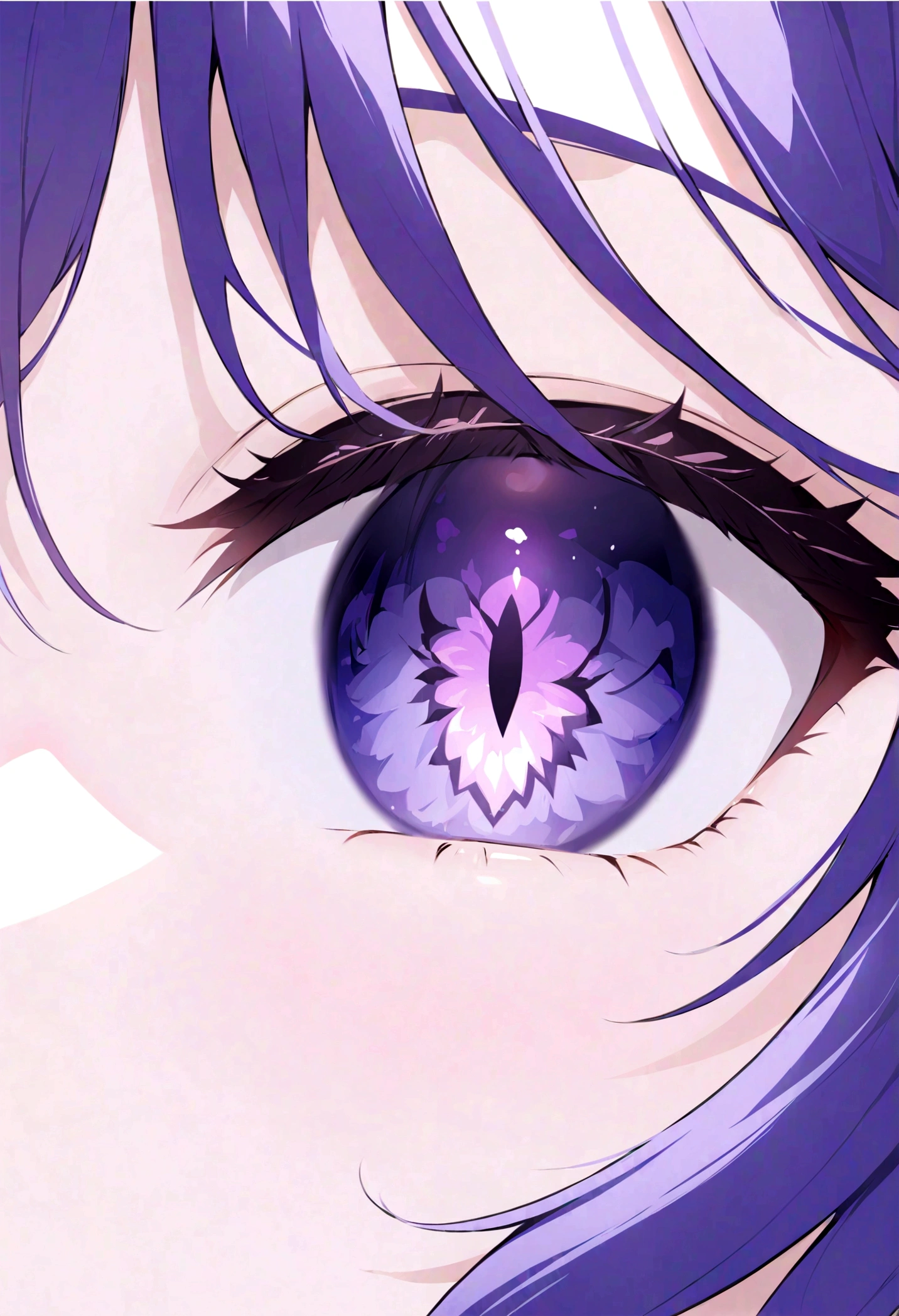 Beautiful Japanese anime，Eye close-up，Evil Eye，Contact lenses with patterns，The flame in the pupil，Bright purple iris，Indigo Flood，Vivid eyelashes