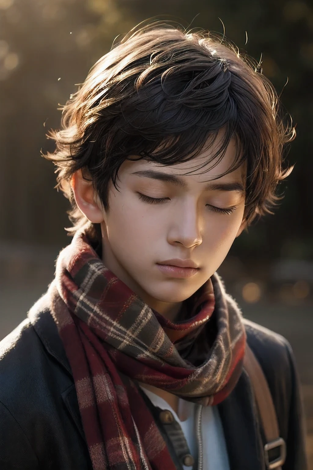 portrait of feminine teenage boy, closed eyes, curly hair, wearing tartan scarf, soft lighting, by greg rutkowski, yoji shinkawa, ilya kuvshinov, highly detailed, artstation, concept art