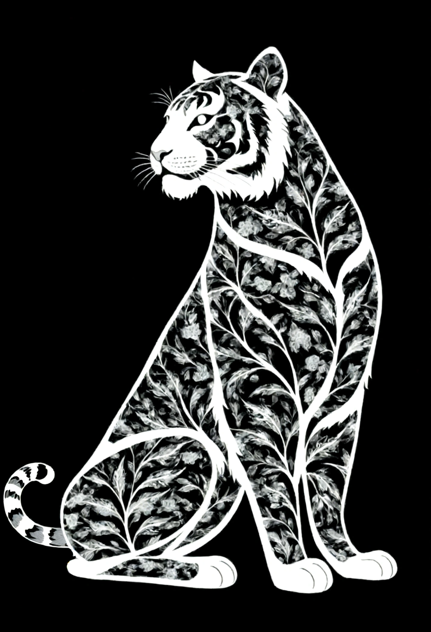 A white silhouette design of a moving tiger,Black Background,Beautiful silhouette,looking at the camera,Biologically correct