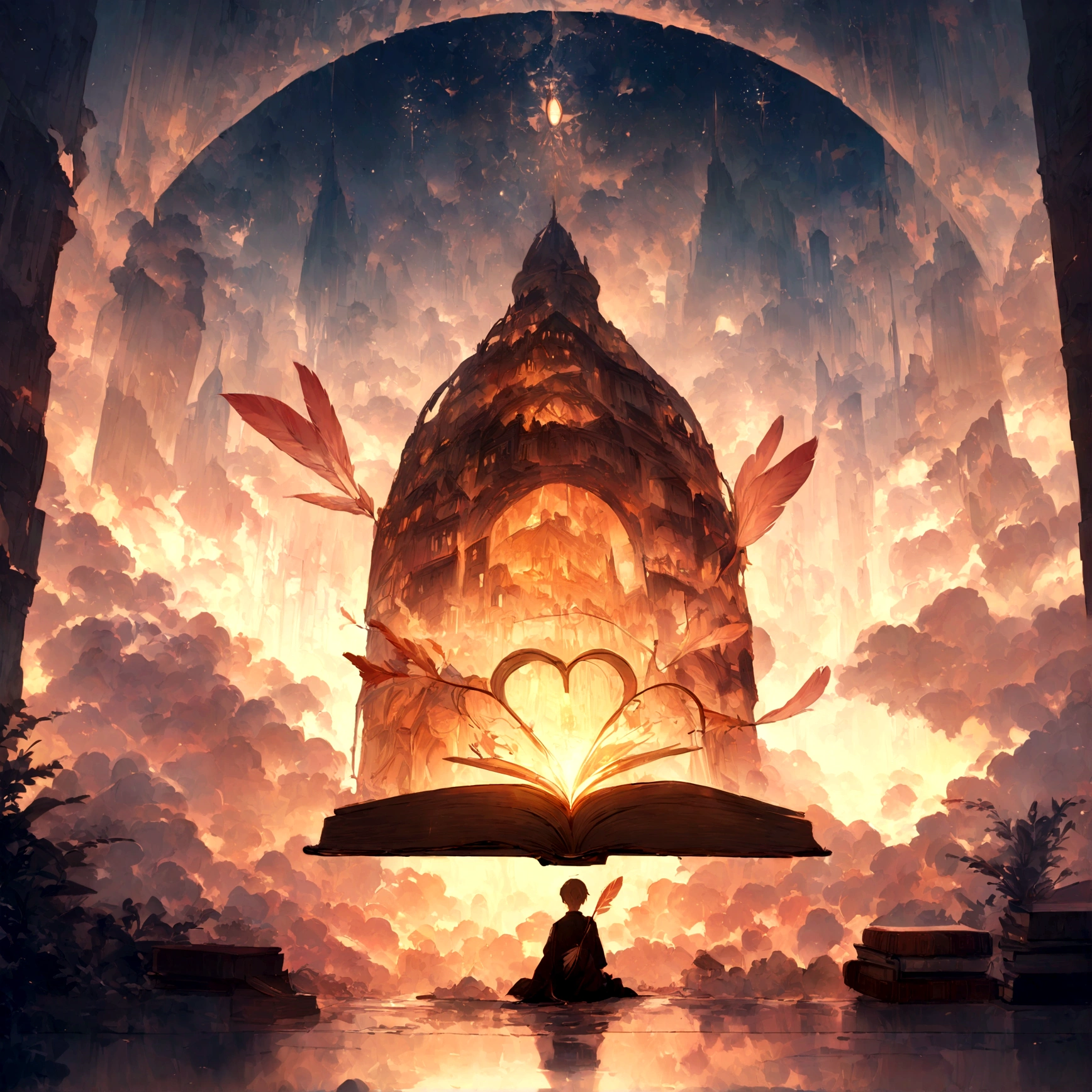 masterpiece, 4K, Sharp focus, highest quality,Wide Shot. Imagine a book cover that conveys nostalgia and storytelling.. The title of this book is " PENAMEMORIA". It's a book about creativity., A boy's unique journey from musician to storyteller. During his journey he finds a magical feather and a dreamy bird.. Minimal, Modern, Dreamy logotype at the bottom of the book cover, Sleep.