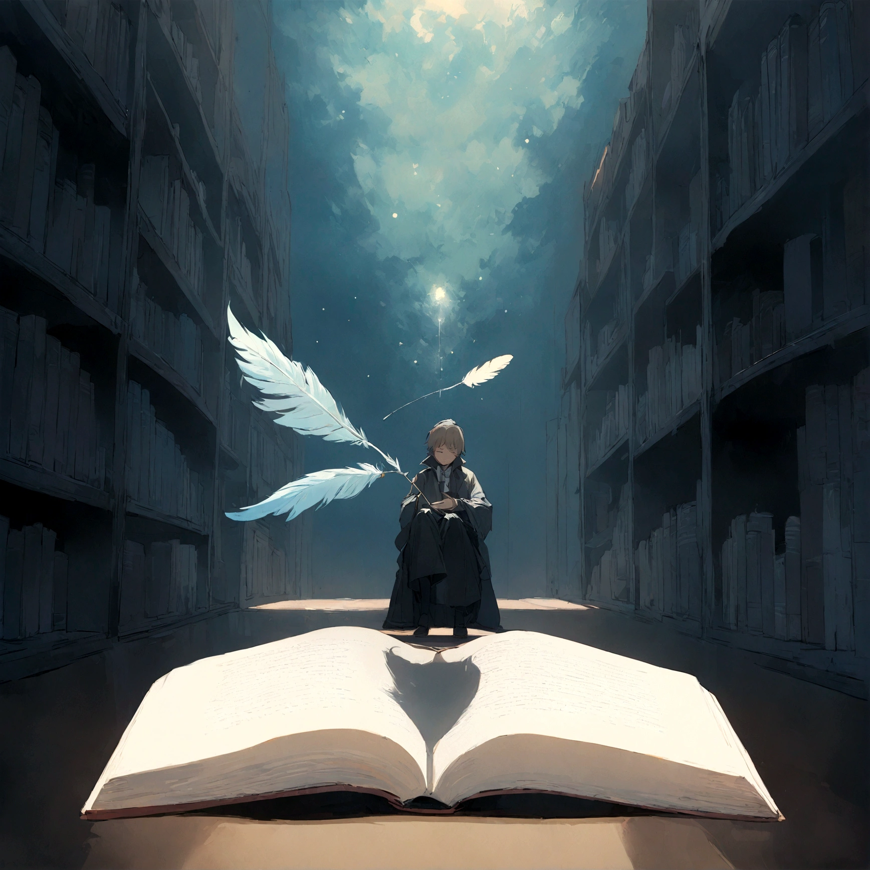 masterpiece, 4K, Sharp focus, highest quality,Wide Shot. Imagine a book cover that conveys nostalgia and storytelling.. The title of this book is " PENAMEMORIA". It's a book about creativity., A boy's unique journey from musician to storyteller. During his journey he finds a magical feather and a dreamy bird.. Minimal, Modern, Dreamy logotype at the bottom of the book cover, Sleep.