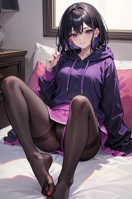 ((masterpiece, highest quality)), (One Woman), (NSFW), (Footjob), (alone), (Focus on women), (Black Hair), (Medium Hair), (Purple hoodie),(Black hot pants), (mature), (23 years old), (Gaze Here),(pantyhose), (Photograph the entire foot), Smiling faintly, Lying in bed