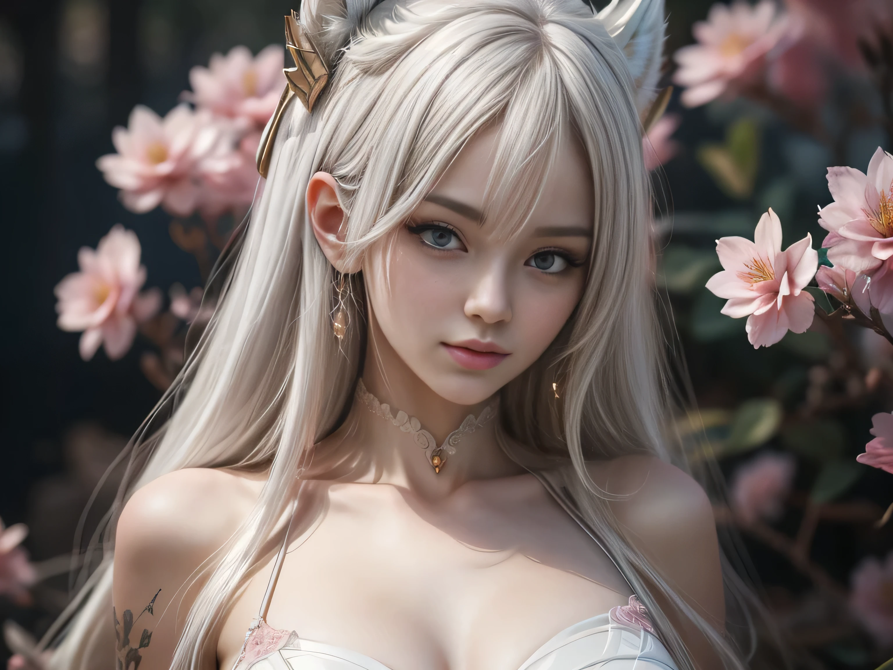 (Best Quality, 8K, Masterpiece, HDR, Soft Lighting, Picture Perfect, Realistic, Vivid), White Snake Girl (1.0), Naga Girl (1.0), Snake Girl, White Haired Snake Girl and Scaly Costume Sexy Open Leather Costume, Beautiful fantasy anime, very beautiful and cute snake girl, pink flower petal rain, background blur, anime fantasy, Gouves style work, realistic: 1.37, top view, lying in pink flowers, horizontal view, (ultra high quality fantasy art ), masterpiece, female model, ultra high quality female character design, anime art with 8k development, realistic anime art, highest quality wallpaper illustrations, complex ultra high quality accurate female characters faces, high quality design and accurate physics (super high quality fantasy style) art , dark fantasy)) Style), masterpieces, super high-quality characters, anime resolution - 8K, realistic anime art, wallpapers with the highest quality illustrations, ultra-high facial detail, high-quality design and accurate physics), color, depth of field, shadows, ray tracing, production of high-quality computer wallpapers and 8K resolution, (Accurate simulation of the interaction of light and materials)], [High-quality hair detail [More about beautiful and shiny white hair]], (Beautifully detailed hands [perfect fingers [Perfect nails]], (perfect anatomy (ideal proportions)))) [[Full-length]], [Perfect combination of colors (Accurate imitation of the interaction of light and material)], [art that conveys the meaning of the story]