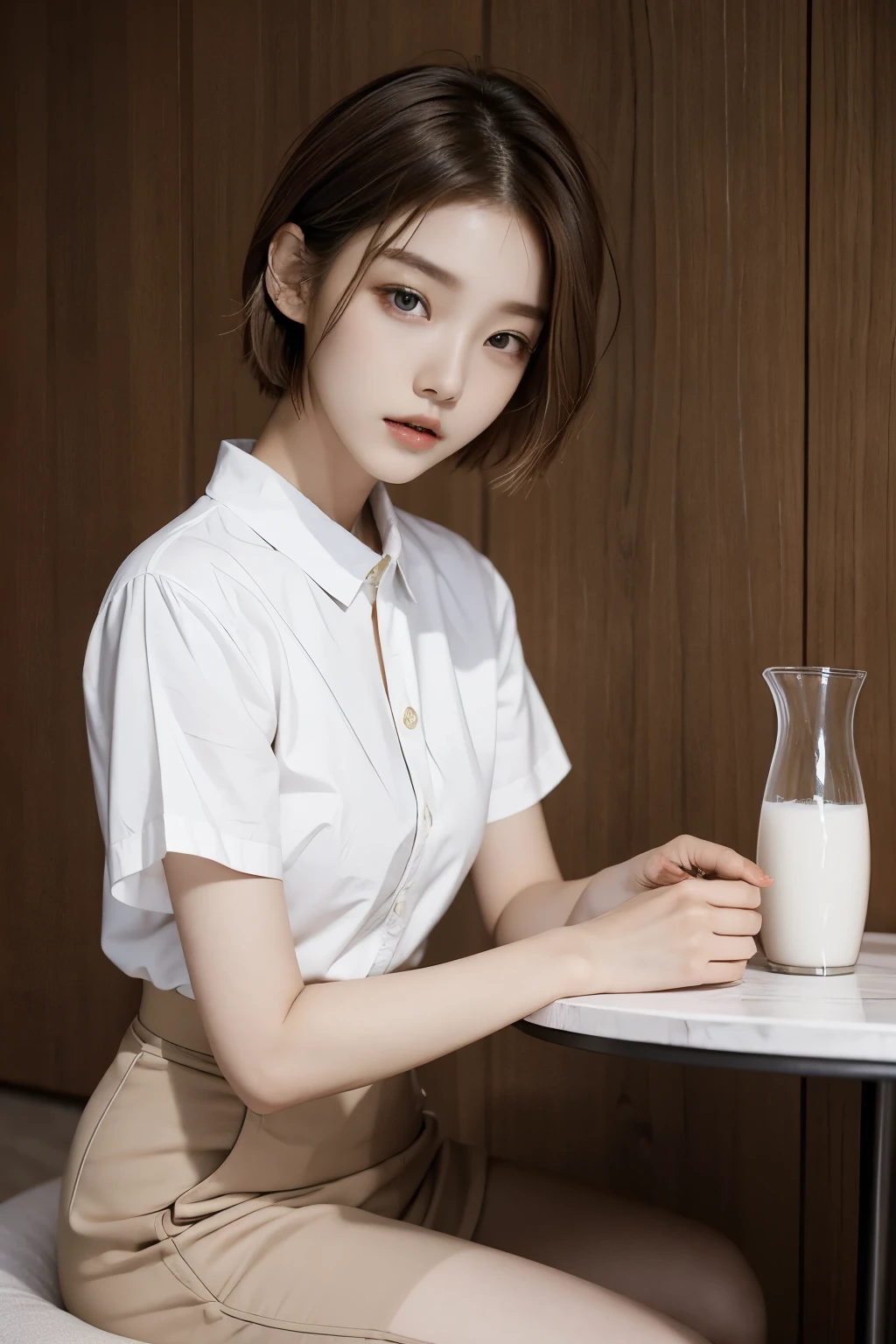 carat magazine cover depicts a woman sitting at a stylish table., with short hair, Korean female fashion model, Stunning beautiful young Korean woman,