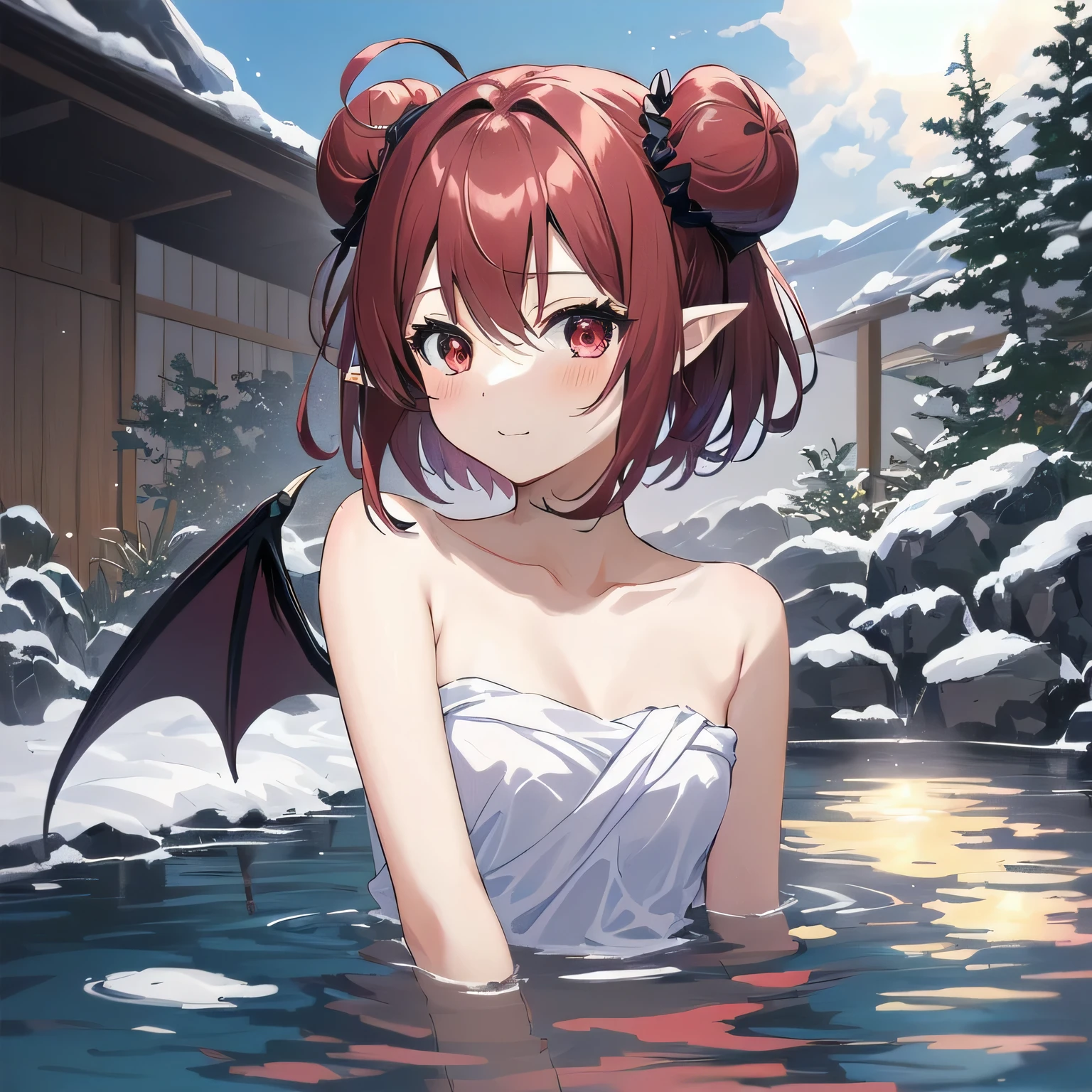 masterpiece, best quality, in onsen, red double buns short hair demon anime girl, hotspring anime girl, pointy ears, tsundere, demon girl,  in towel, cute succubus, anime moe artstyle