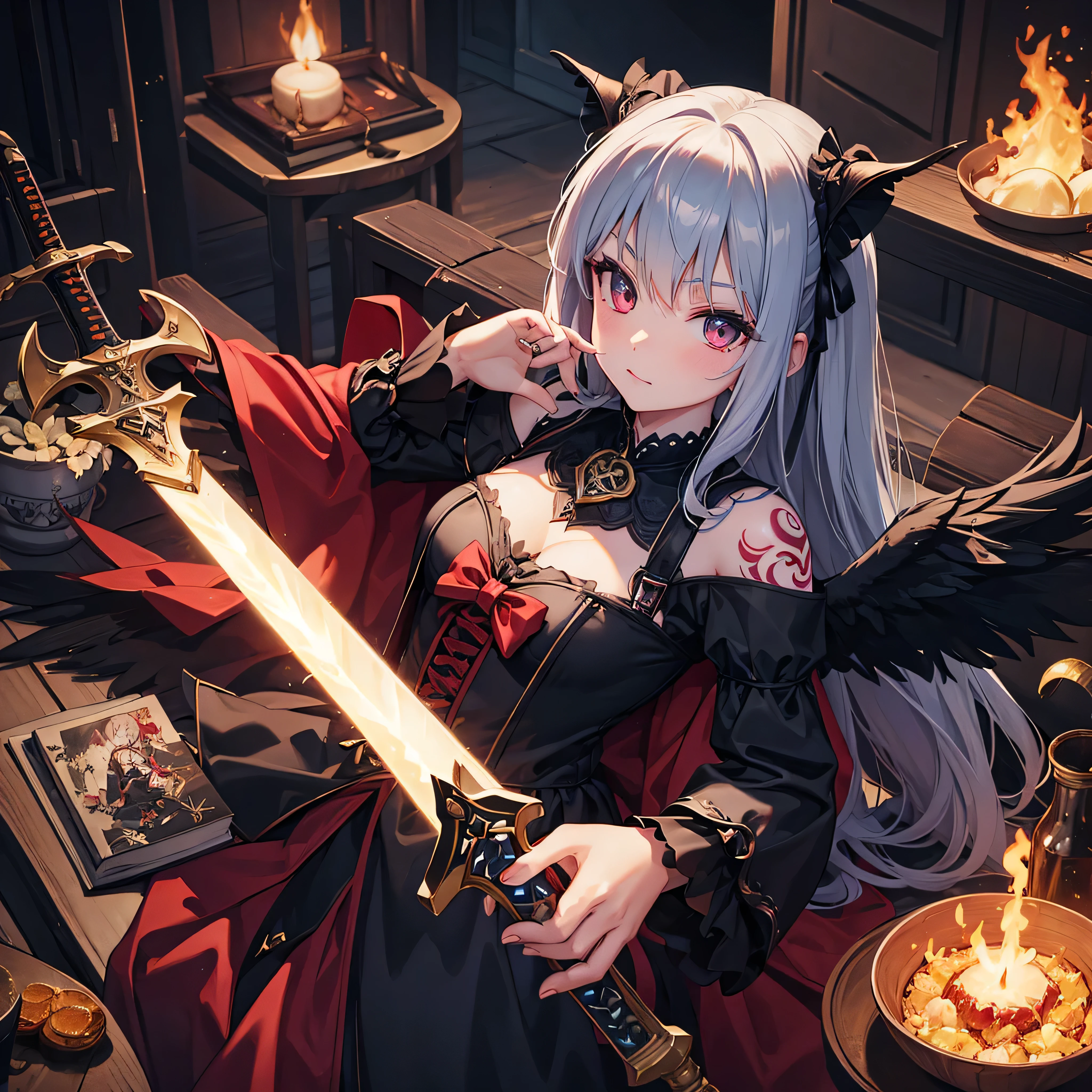 portrait of beautiful dark angel , tattoo, fire, sword, lolita clothes, demon, 