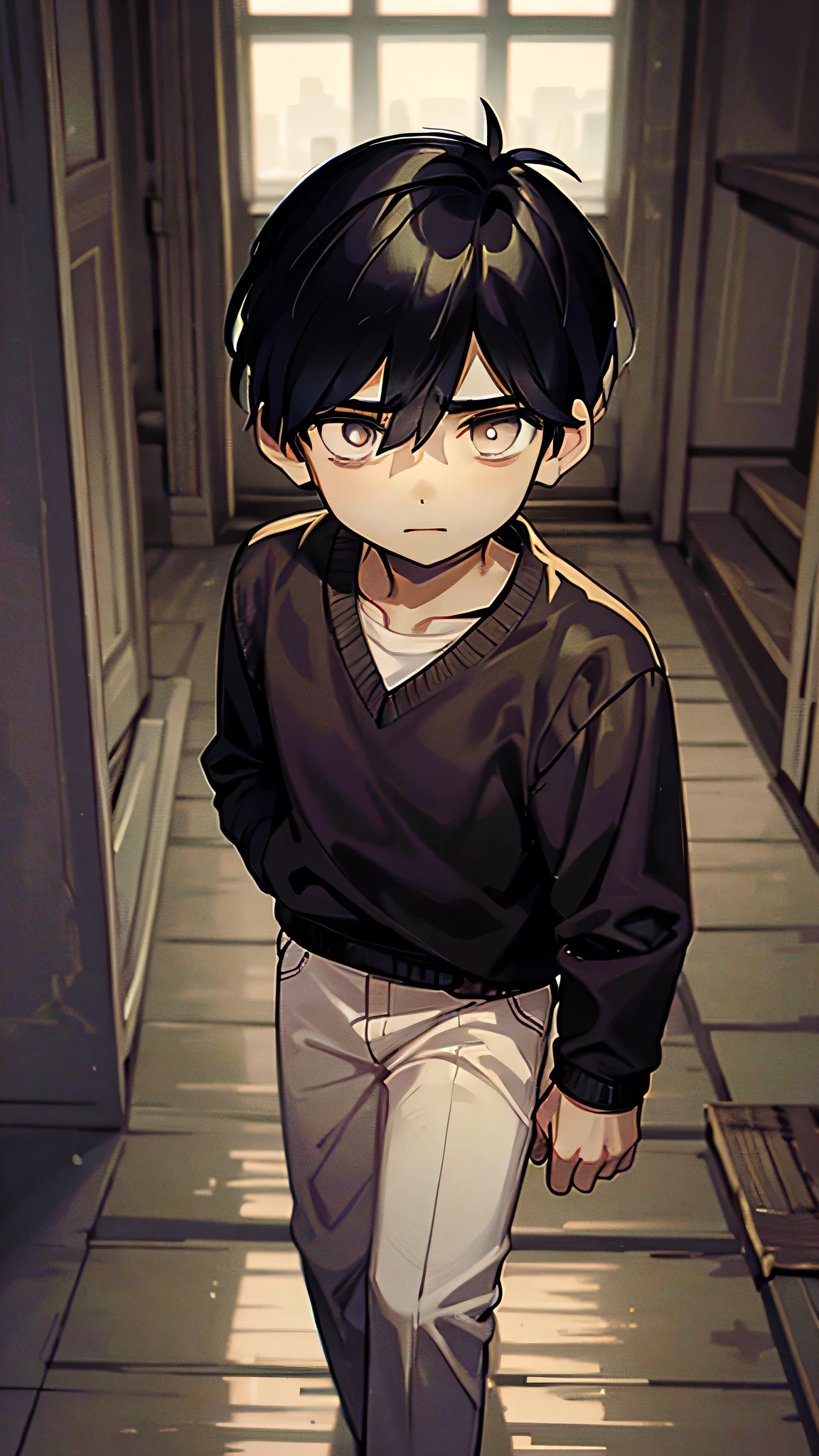 1 boy, scared look, dark eyes, looking at a staircase, dark environment,