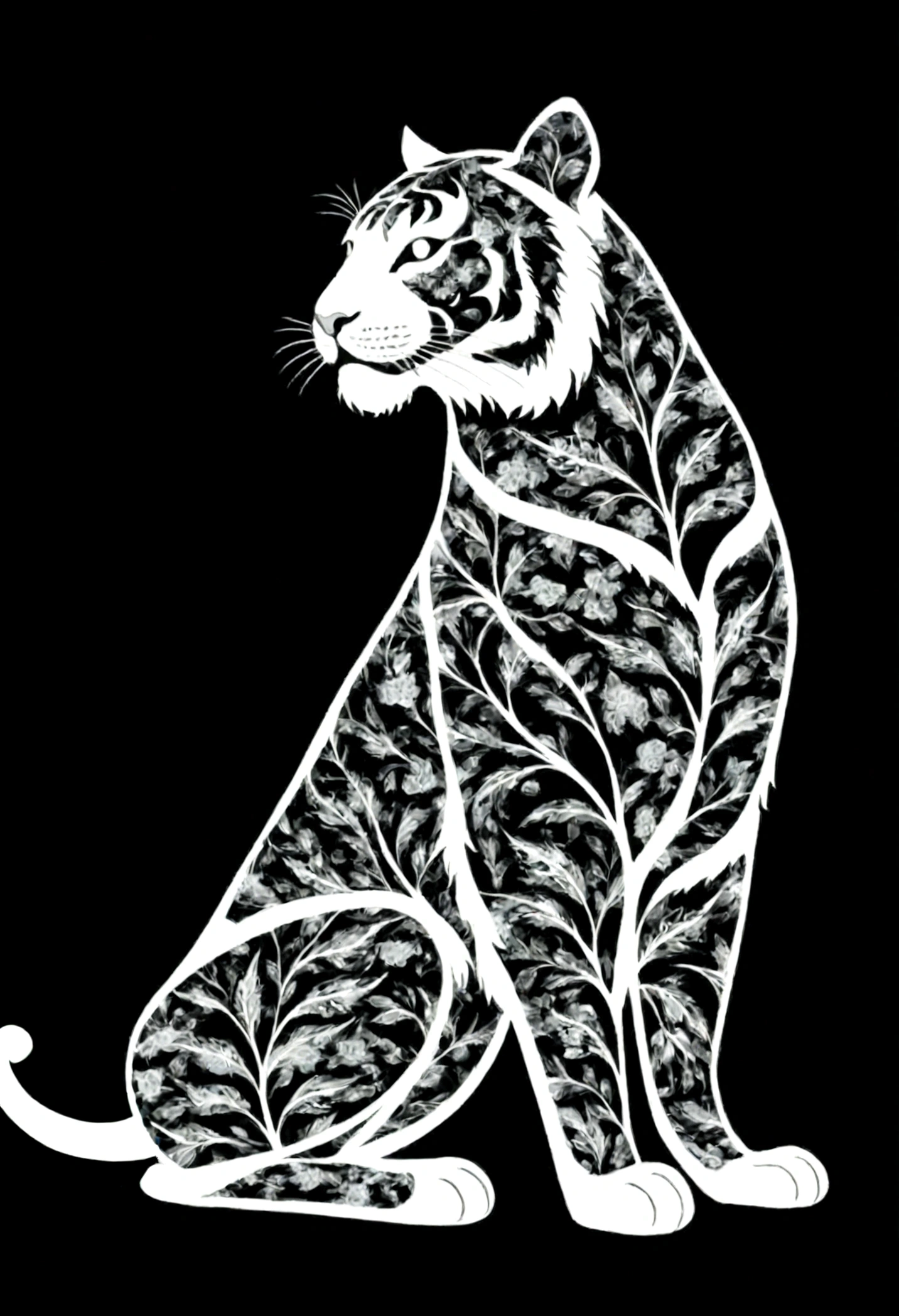 A white silhouette design of a moving tiger，Black Background，Beautiful silhouette，looking at the camera，Biologically correct