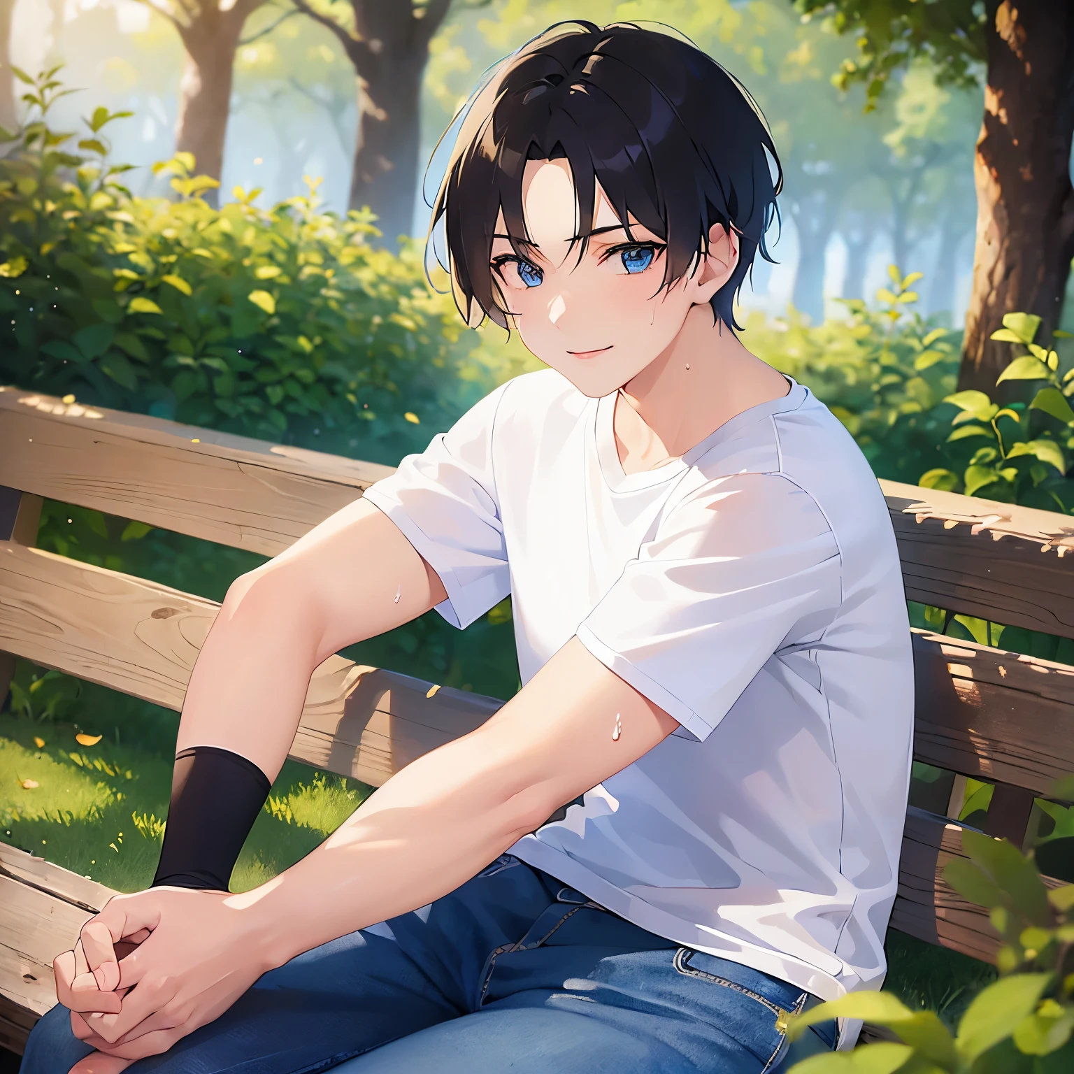 Detailed CG,Ultra-fine illustrations,masterpiece,highest quality,BREAK(28-year-old male:1.5)and(Black Short Hair)and(blue eyes)BREAK,(White T-shirt:1.5)and(jeans),(smile:1.2)and(sweat:1.3),Park bench,alone,(Touching hair:1.5)and(Biologically correct5Finger)and(missing fingers),side angle