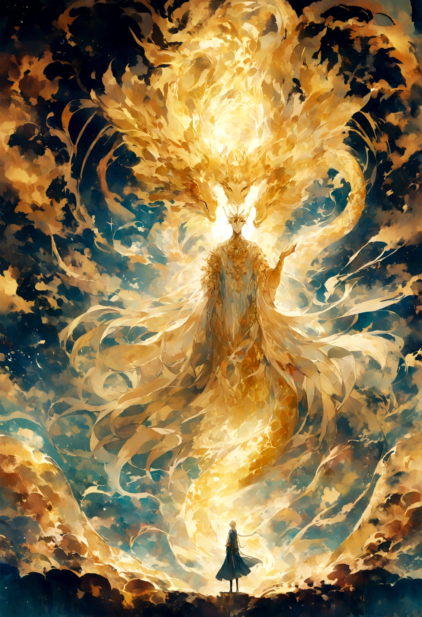 「Draw an illustration of the Golden Dragon God。Long as a snake、Upwards、Thang Long、Clear sky、spiritual、Spirit、Chakra、Spiritual world、Fantasy」