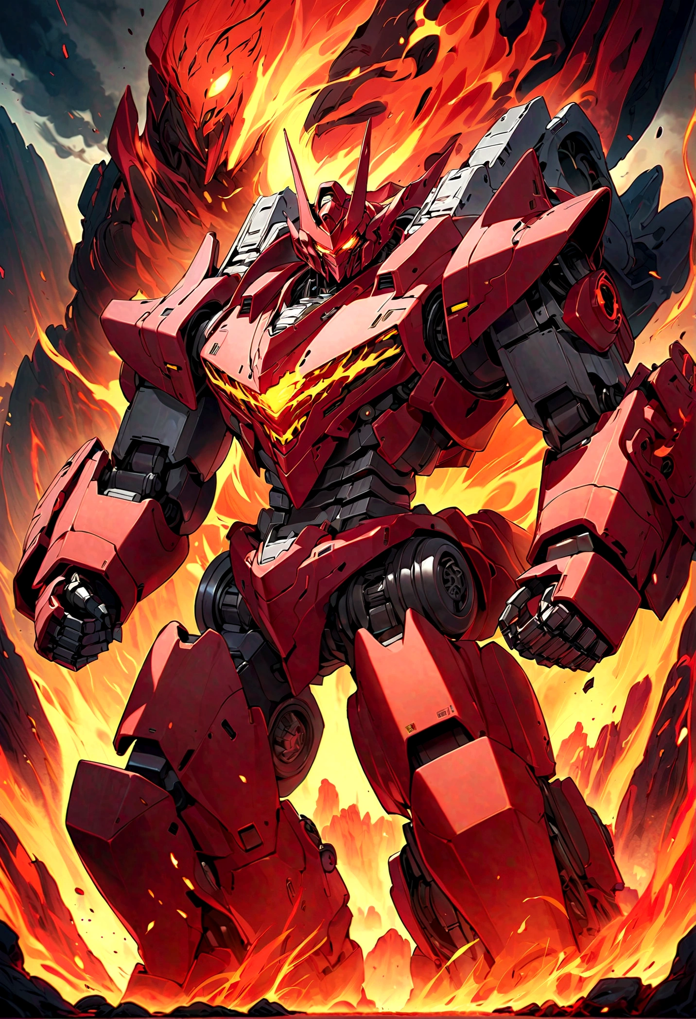 solo, super robot, Evil villains, giant robots that destroy the world, red demonic mecha with flames, a mecha with face and glowing eyes, fire golem creature, destructive colossal mecha as background, lava mecha, fire elemental, mecha vore art epic digital painting, epic full color illustration, background artwork