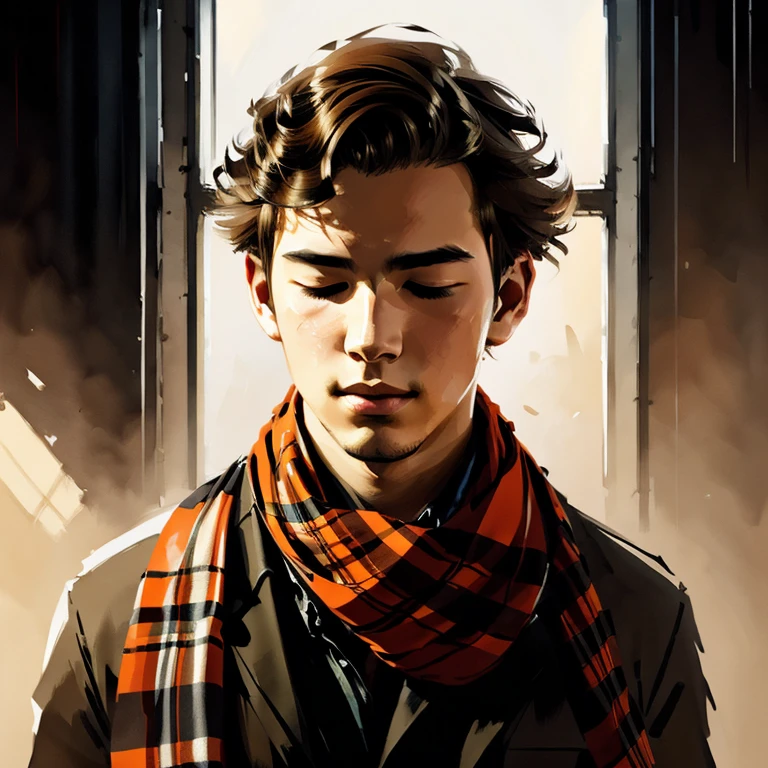 portrait of feminine teenage boy closed eyes curly hair wearing tartan scarf by greg rutkowski yoji shinkawa ilya kuvshinov 
portrait digital painting bold brushstrokes highly detailed artstation concept art soft lighting, warm orange tones