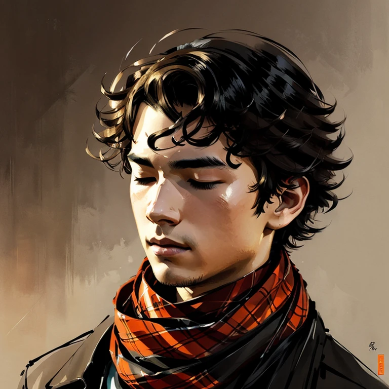 portrait of feminine teenage boy closed eyes curly hair wearing tartan scarf by greg rutkowski yoji shinkawa ilya kuvshinov 
portrait digital painting bold brushstrokes highly detailed artstation concept art soft lighting, warm orange tones