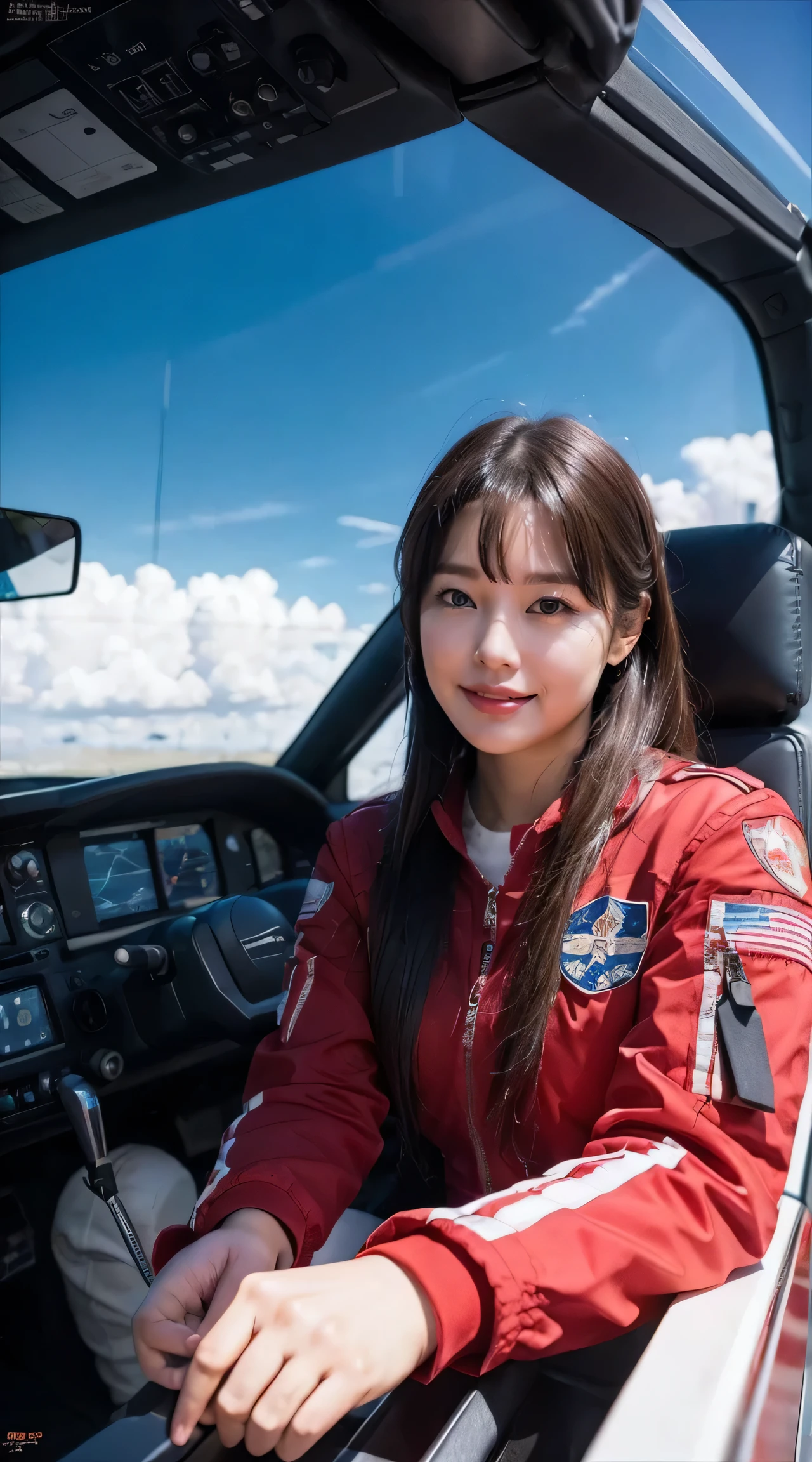 8k, highest quality, masterpiece, Realistic, Super detailed,  photograph, High resolution,  High resolution,, Cinematic Light, Official Art, High resolution, Depth of written border, Beautiful legs, thin, cute face, smile, Beautiful details in the eyes, 19 years old Japanese, cute, Disheveled Hair,Crimson Jet Suit,Piloting a fighter jet、Flying in the sky、Fighter cockpit,There&#39;s flames coming out from behind