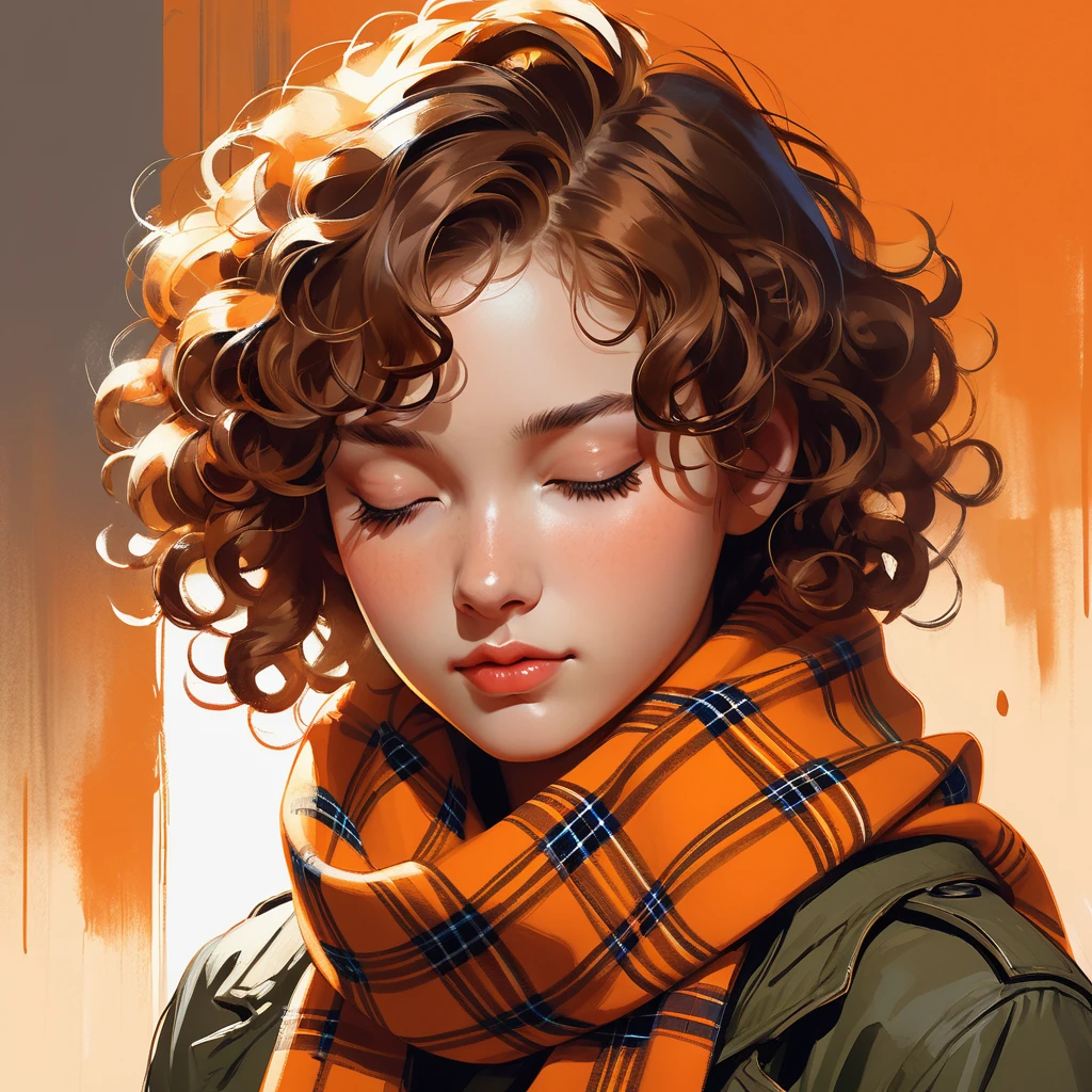 portrait of feminine age boy closed eyes curly hair wearing tartan scarf by greg rutkowski yoji shinkawa ilya kuvshinov
portrait digital painting bold brushstrokes highly detailed artstation concept art soft lighting, warm orange tones