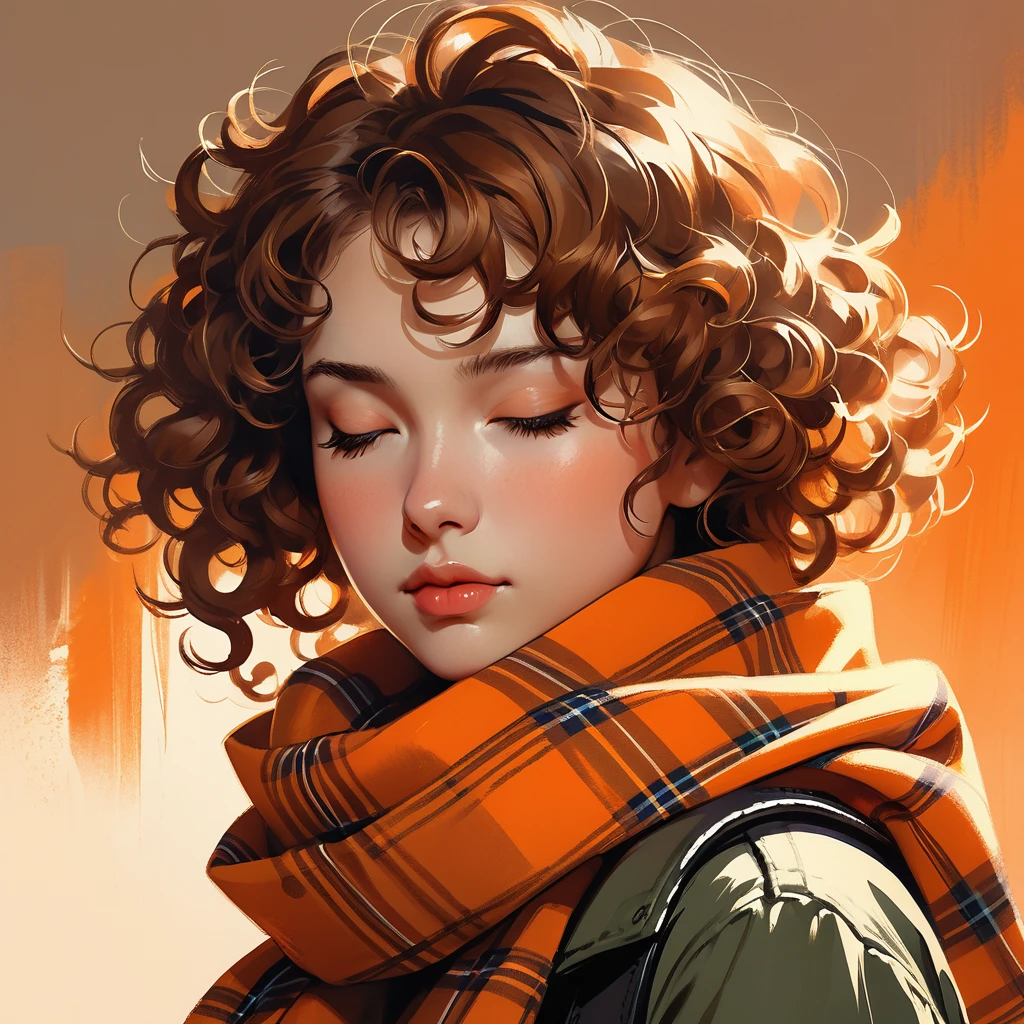 portrait of feminine age boy closed eyes curly hair wearing tartan scarf by greg rutkowski yoji shinkawa ilya kuvshinov
portrait digital painting bold brushstrokes highly detailed artstation concept art soft lighting, warm orange tones