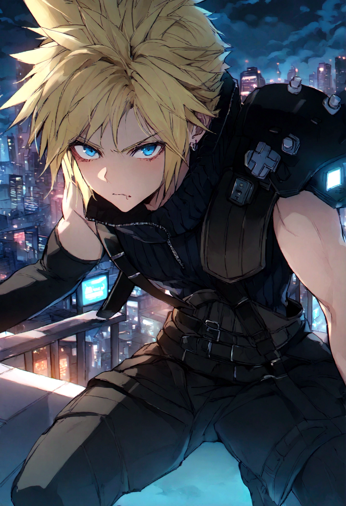 score_9, score_8_up, score_7_up, score_6_up, source_anime, 1boy, male focus, solo BREAK acCloud, blonde hair, single earring, high collar, black shirt, single shoulder pad, harness, single detached sleeve, black gloves, black pants, black shoes, serious, looking at viewer, stairs, city, cyberpunk, cloud strife, blue eyes, frown, clenching teeth, drooling, spread legs, (completely nude:1.2), penis, 