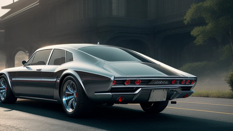 1960s luxury sedan, rear view, futuristic fantasy, epic sci-fi scene, intricate detailed design, glossy metallic body, glistening chrome accents, dramatic lighting, moody atmosphere, cinematic composition, photorealistic rendering, masterpiece, (best quality,8k,highres,masterpiece:1.2),ultra-detailed,(realistic,photorealistic,photo-realistic:1.37),cinematic lighting,dramatic shadows,volumetric fog,glowing energy field,gleaming chrome,aerodynamic body,intricate details,sleek and stylish