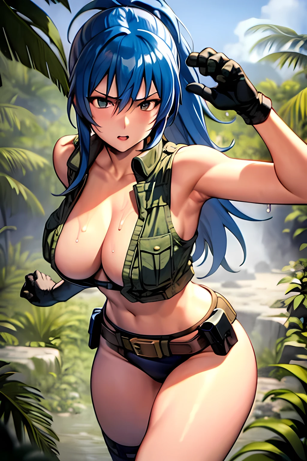masterpiece, best quality, anime 1990s \(style\, leona heidern, sexy, naked, thong ,full open vest., jungle, tactical, pony tail, serious, cammo, army, soldier, blue hair, warfare, war, wet, gloves, sexy pose, jungle girl, perfect hands, five fingers, long hair, tropical, belt. Sleeveless.