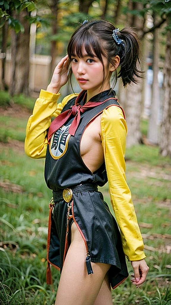 (masterpiece, highest quality:1.1), Warrior (dq3), One girl, alone, Long Hair, Twin tails, View Viewer, Black Hair, hair ornaments, Long sleeve, Small breasts,Beautiful cherry-colored areola、Erect nipples、Narrow waist、Shaved、 Mouth closed, Cowboy Shot, Iris, Raise your arms, Short-hemmed Chinese clothing, No underwear、No underwear、Hair ties, Clenched hands, Combat Stance, Yin and Yang simple background 、High Kick、She spreads her legs wide and does a high kick、Her clothes are turned up and her underwear is exposed、Chinese boxing、Raise one leg high and kick、His clothes were open and he was topless、Clothes are loose and chest is exposed