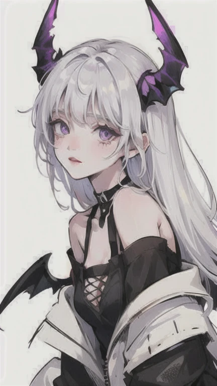 gray hair, long straight hair, purple eyes, Black Wings, black off shoulder dress, choker, horn, Black Wings, White skin, simple background