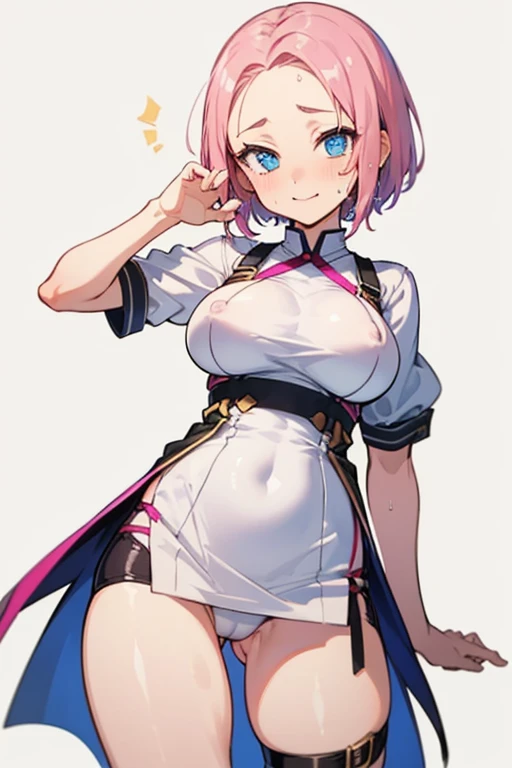 1 girl, high quality, (short hair), pink hair, forehead, blue eyes, big breasts, (white clothes),(straps on thighs:1.3), simple background, stocking, cameltoe,(sweaty:1.1), (nipples:0.8), (sexy pose:1.2)
