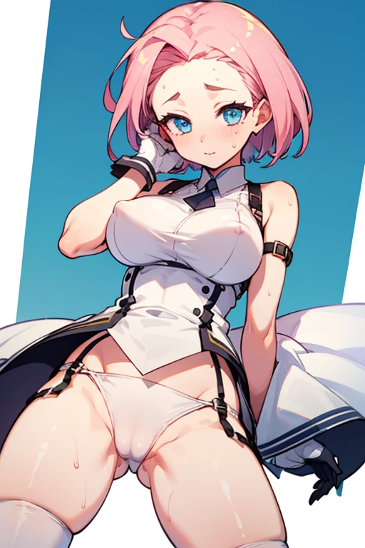 1 girl, high quality, (short hair), pink hair, forehead, blue eyes, big breasts, (white clothes),(straps on thighs:1.3), simple background, stocking, cameltoe,(sweaty:1.1), (nipples:0.8), (sexy pose:1.2)