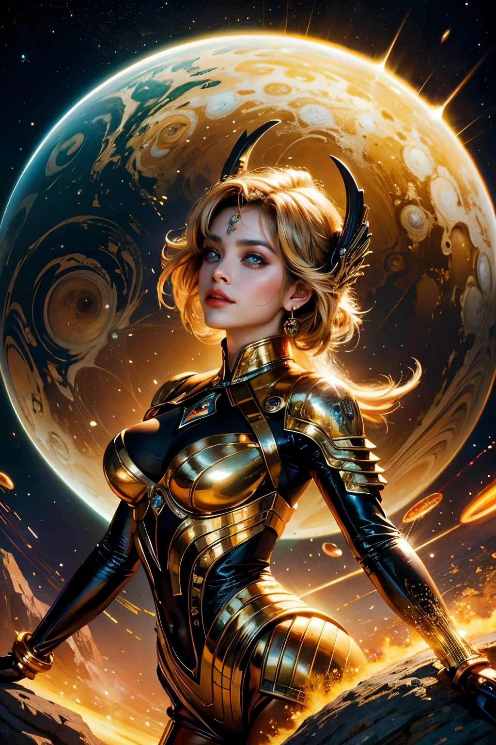 In the year 2030, a breathtaking masterpiece has seized the attention of the art world, trending on Artforum. The painting, entitled "Cosmic Odyssey," is a cinemascope panorama of a galaxy, inspired by the retrofuturism sci-fi aesthetic of Stevan Dohanos and Ron Cobb. Created by the renowned artist Mark Brooks, this piece harkens back to the days of old movie sets and the iconic film 'Barbarella.'
The painting depicts an ornate gilded cosmic machine, reminiscent of the grandeur of the planet Jupiter, vibrantly illuminated and surrounded